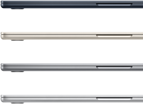 Neli MacBook Airi sülearvutit, mis näitavad saadaolevaid viimistlusvärve: kesköösinine, tähevalge, kosmosehall ja hõbe