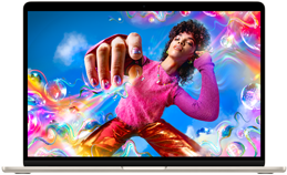 Värvilist pilti kuvav MacBook Airi ekraan, mis näitab Liquid Retina ekraani värviulatust ja eraldusvõimet