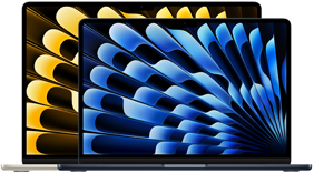 MacBook Airi 13-tollise ja 15-tollise mudeli eestvaade, mis näitab (diagonaalis mõõdetud) ekraanisuurusi