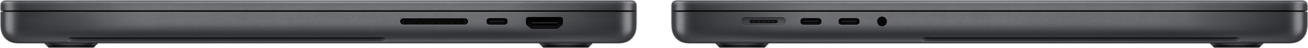 MacBook Pro külgvaade, millel on näha SDXC kaardipesa, kolm Thunderbolt 4 liidest, HDMI liides, MagSafe 3 laadimisliides ja kõrvaklapipistik.