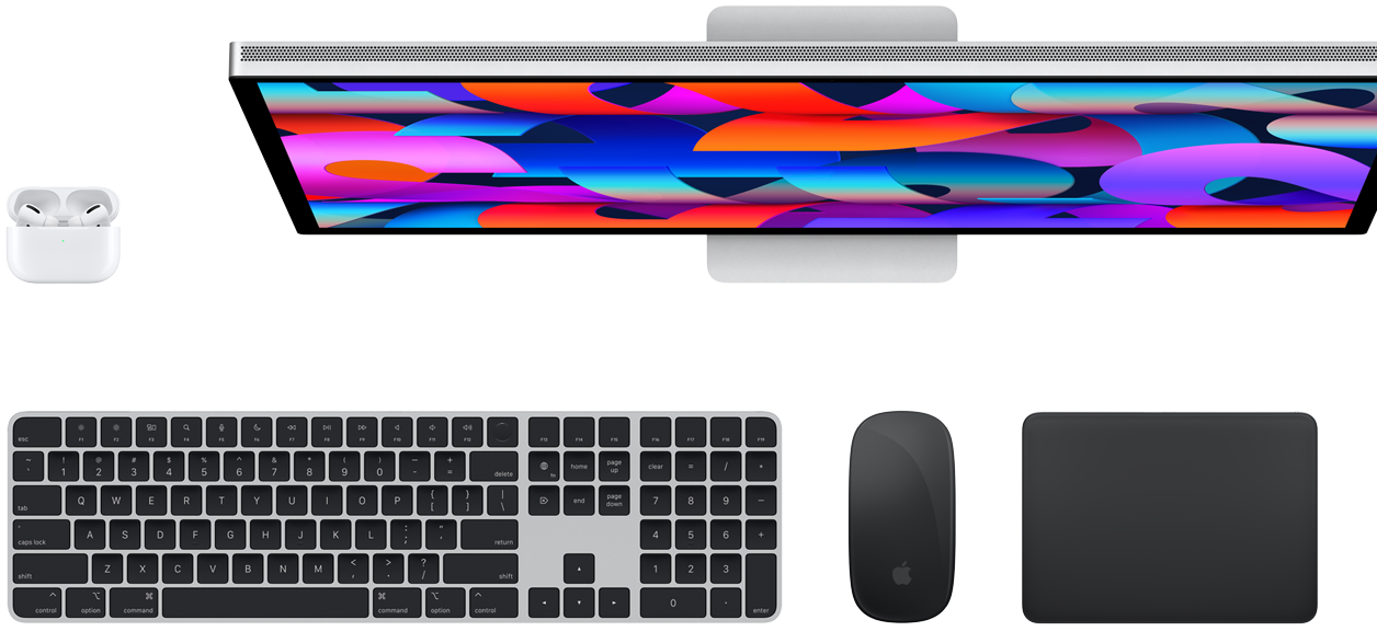 AirPodsi, Studio Display, Magic Keyboardi, Magic mouse'i ja Magic Trackpadi ülaltvaade